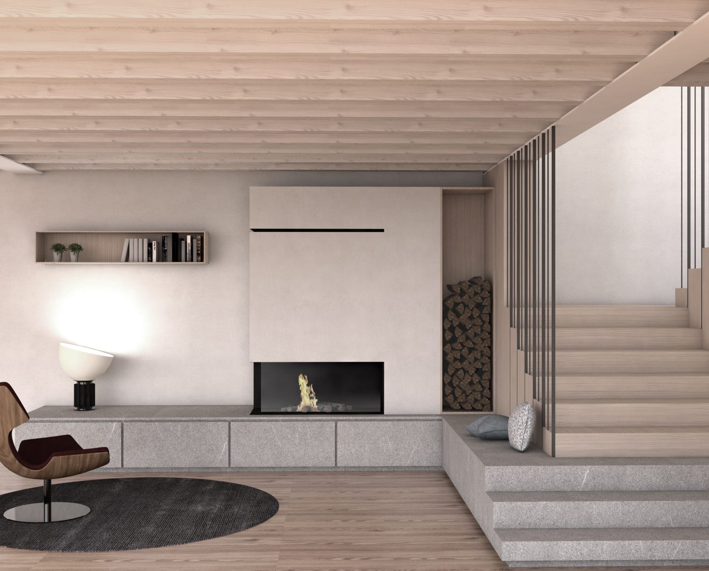 Progettazione interior di una cantina, stanza della casa con camino e poco sfruttata.